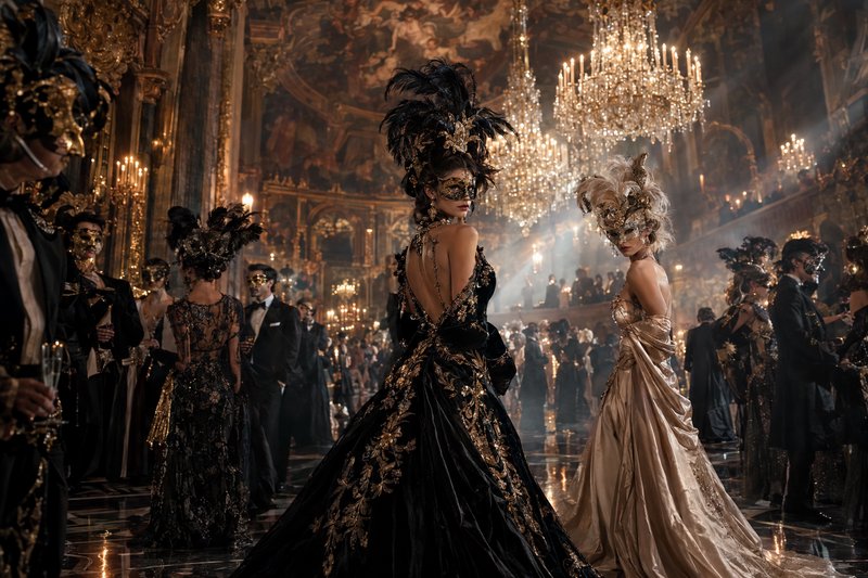 Masked guests in elaborate gowns attend a lavish masquerade ball in a gilded baroque palace ballroom
