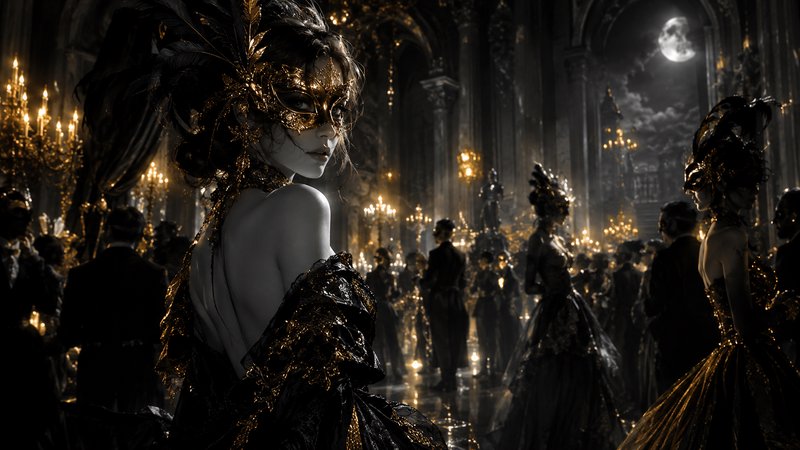 Woman in an ornate gold masquerade mask glances over her shoulder at a grand candlelit palace ball