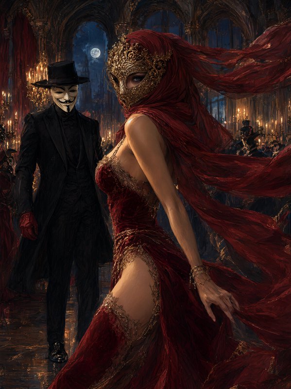 Masked couple at a gothic masquerade ball, woman in flowing red gown beside a figure in a Guy Faw...