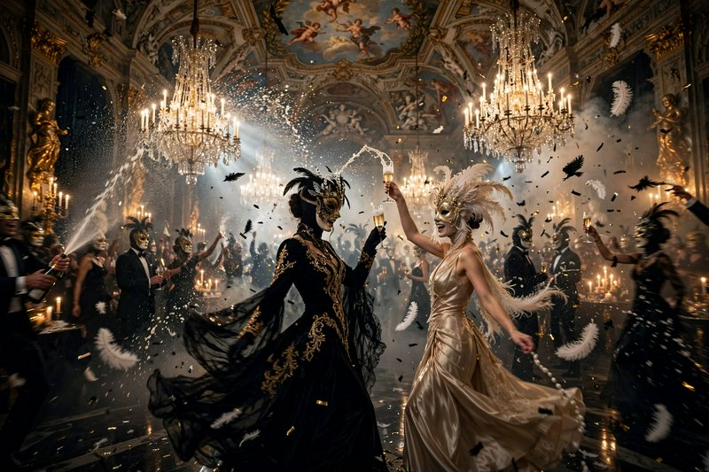 Two masked women in elaborate gowns toast at a lavish lively baroque masquerade ball in a gilded ...