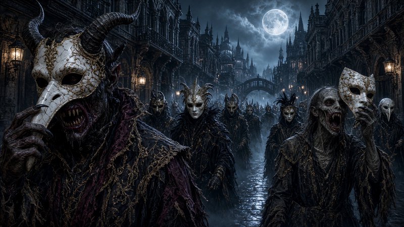 Grotesque masked demonic figures march down a misty gothic street under a glowing full moon
