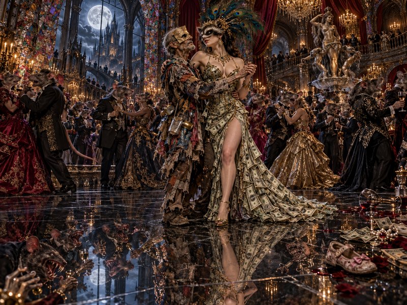 Masked couple dance at a lavish gothic masquerade ball surrounded by anthropomorphic rat party guests under a full moon