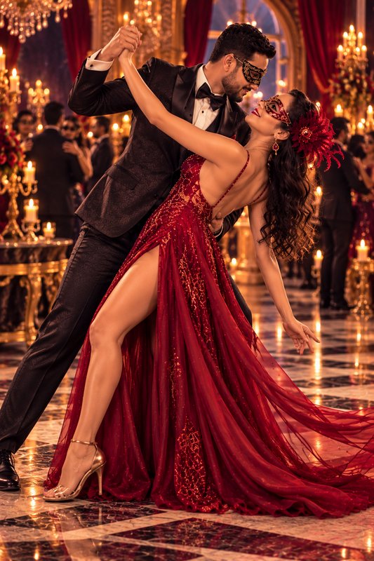 Couple in masquerade masks dance a dramatic tango in an ornate candlelit palace ballroom