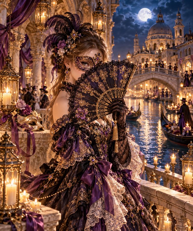 Masquerade guest in ornate purple and gold gown holds a fan on a moonlit Venice canal balcony