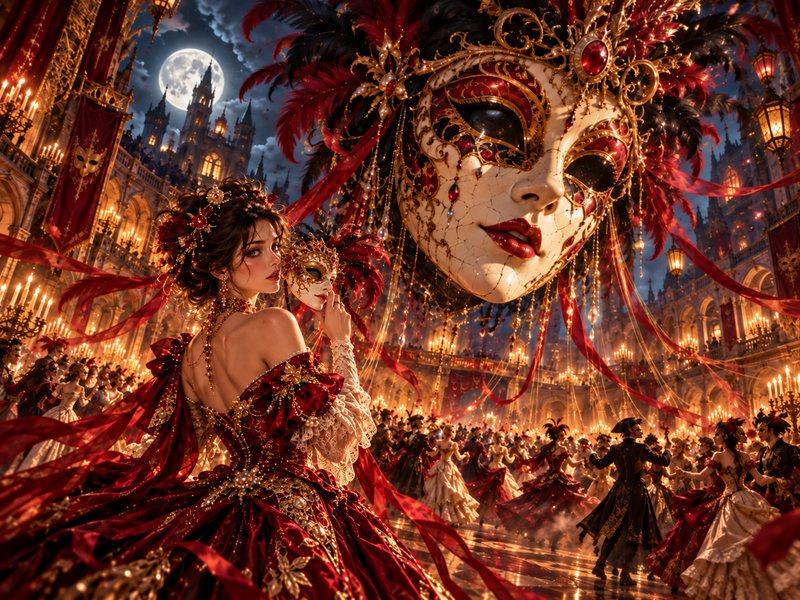 Elegant woman in red baroque gown holds a mask at a lavish Venetian masquerade ball under a full moon