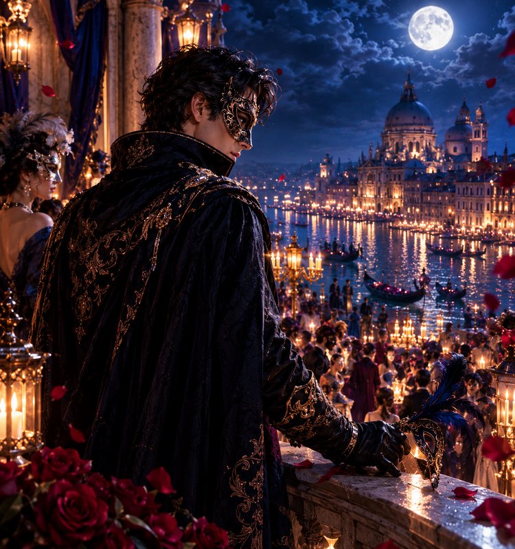 Masked noble in gold embroidered black cloak overlooks a moonlit Venetian masquerade from a palac...