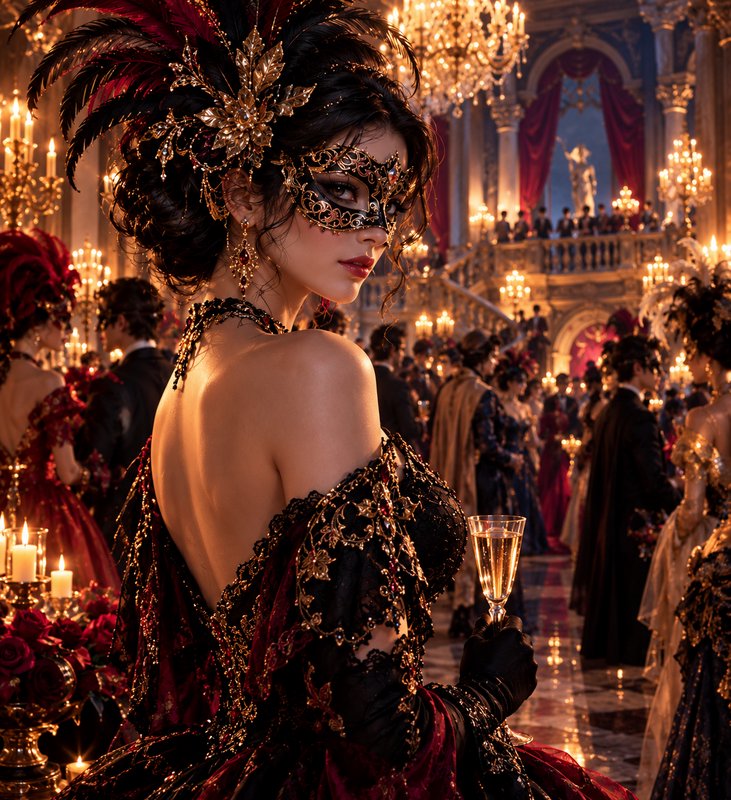 Woman in an ornate gold masquerade mask holds a champagne flute at a lavish gilded palace ball