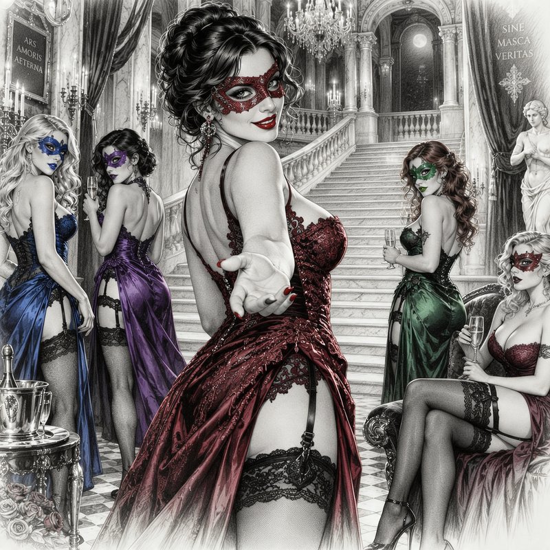 Group of masked women in lace gowns at an opulent masquerade ball, central figure extends a welco...