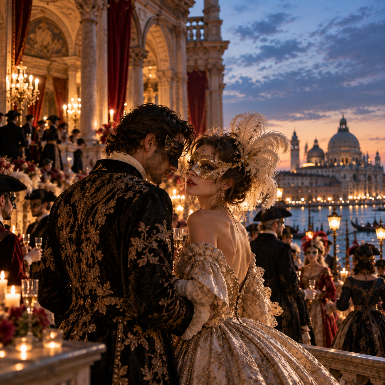 Masked couple in elaborate period gowns share an intimate moment at a Venetian masquerade ball overlooking the Grand Canal