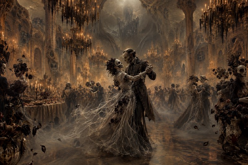 Skeleton bride and groom waltz at a grand eerie decaying gothic ballroom full of undead guests