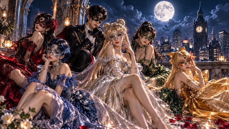 Sailor Moon cast in color-coordinated masquerade gowns pose on a moonlit palace balcony overlooki...