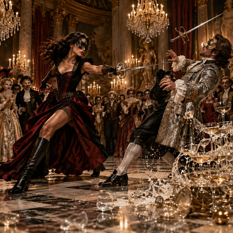 Masked female duelist disarms her rapier opponent mid-fight at a lavish baroque masquerade ball