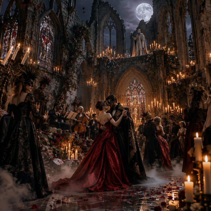 Masked couple dancing at a candlelit gothic masquerade ball inside a ruined cathedral under a ful...