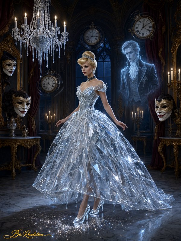 Cinderella wearing a crystal ballgown stands in a candlelit baroque ballroom beside a ghostly nob...