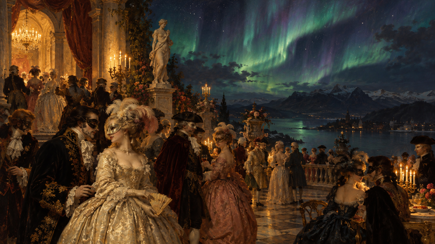 Opulent rococo masquerade ball on a marble terrace under swirling green aurora borealis over a mountain lake