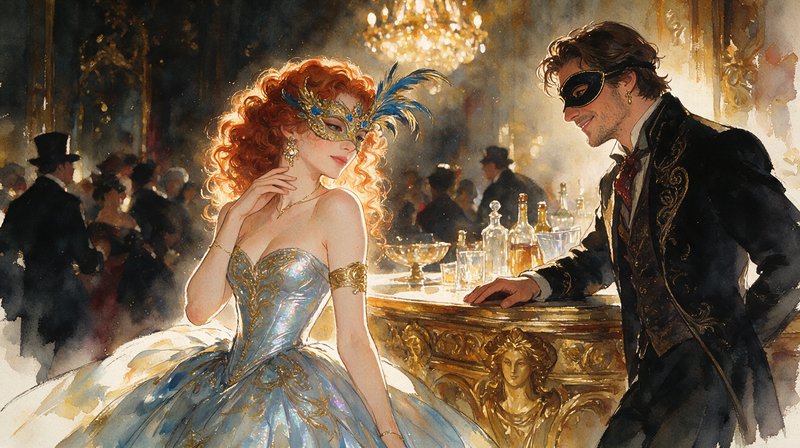 Masked couple exchange a playful glance at an ornate bar during a lavish masquerade ball