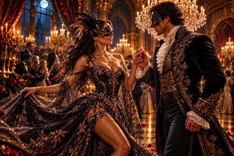 Masked couple in elaborate black and gold costumes dance at a lavish candlelit masquerade ball