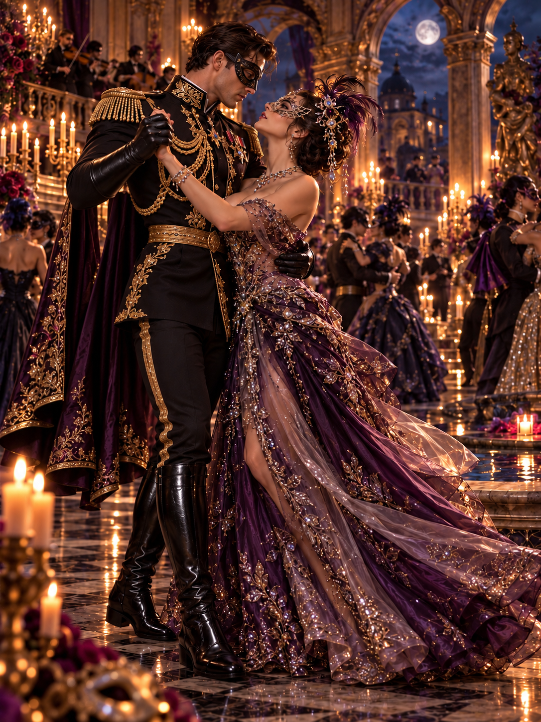 Masked couple in ornate formal wear dance closely at a moonlit opulent masquerade ball
