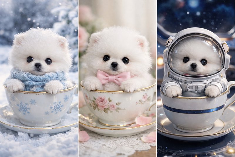 Three fluffy white puppies in decorative teacups, featuring winter snow, a pink bow, and an astro...