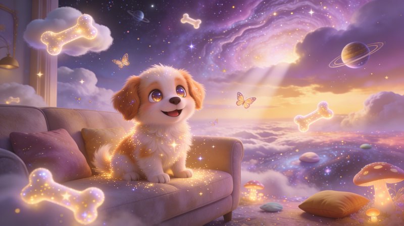 Cute fluffy puppy sits on a sofa in a dreamy cosmic sky with glowing bones and butterflies.