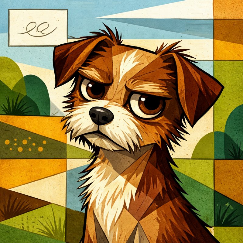 Stylized geometric illustration of a brown and white terrier dog against a colorful abstract background