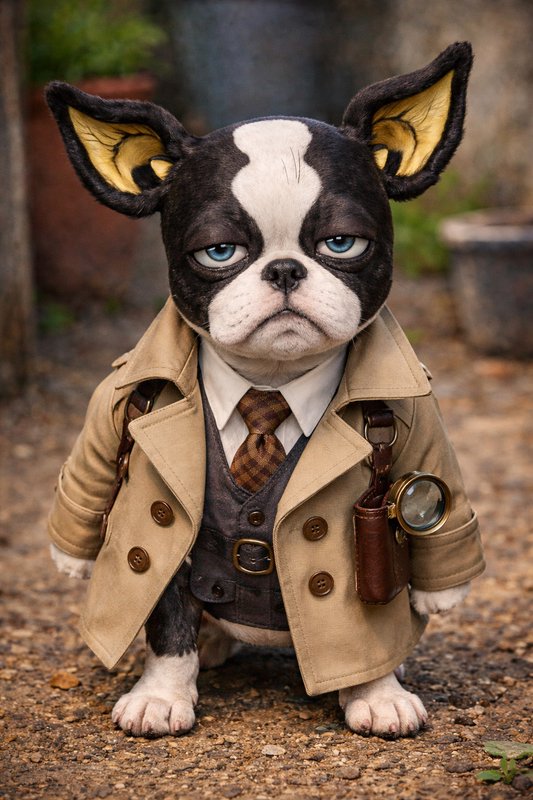 A Boston Terrier in a detective outfit with trench coat, tie, and magnifying glass accessory.