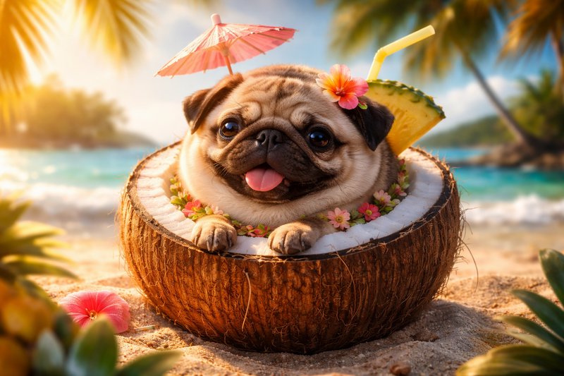Cute pug resting inside a halved coconut on a sunny tropical beach.
