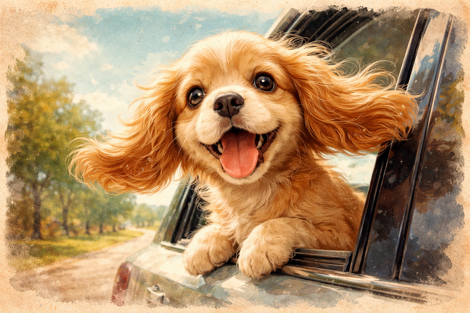 Happiness is a car ride and the wind in your ears.