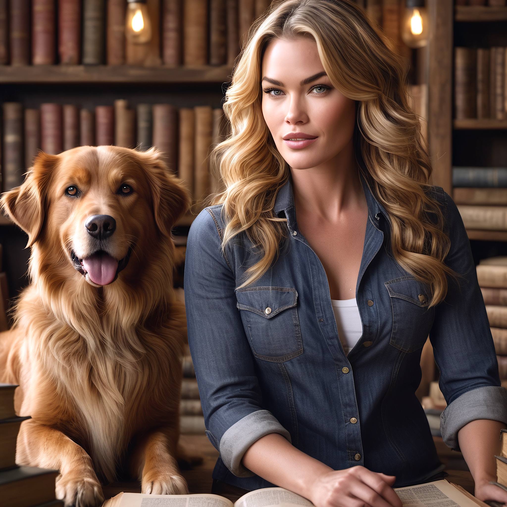 Blonde woman in a denim shirt sits with a golden retriever in a cozy, booklined library.