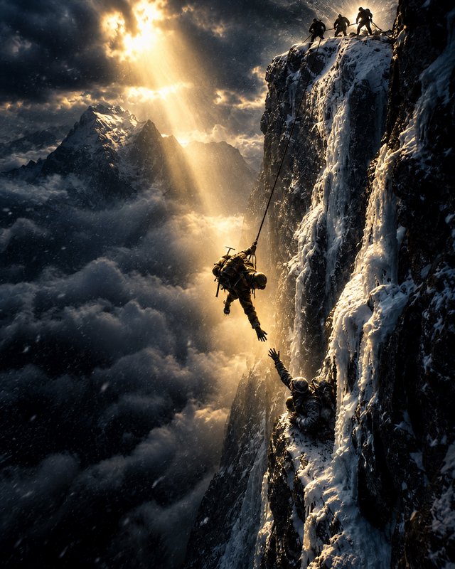Climber hanging from a rope reaches to rescue a fellow mountaineer on an icy cliff as golden sunbeams cut through storm