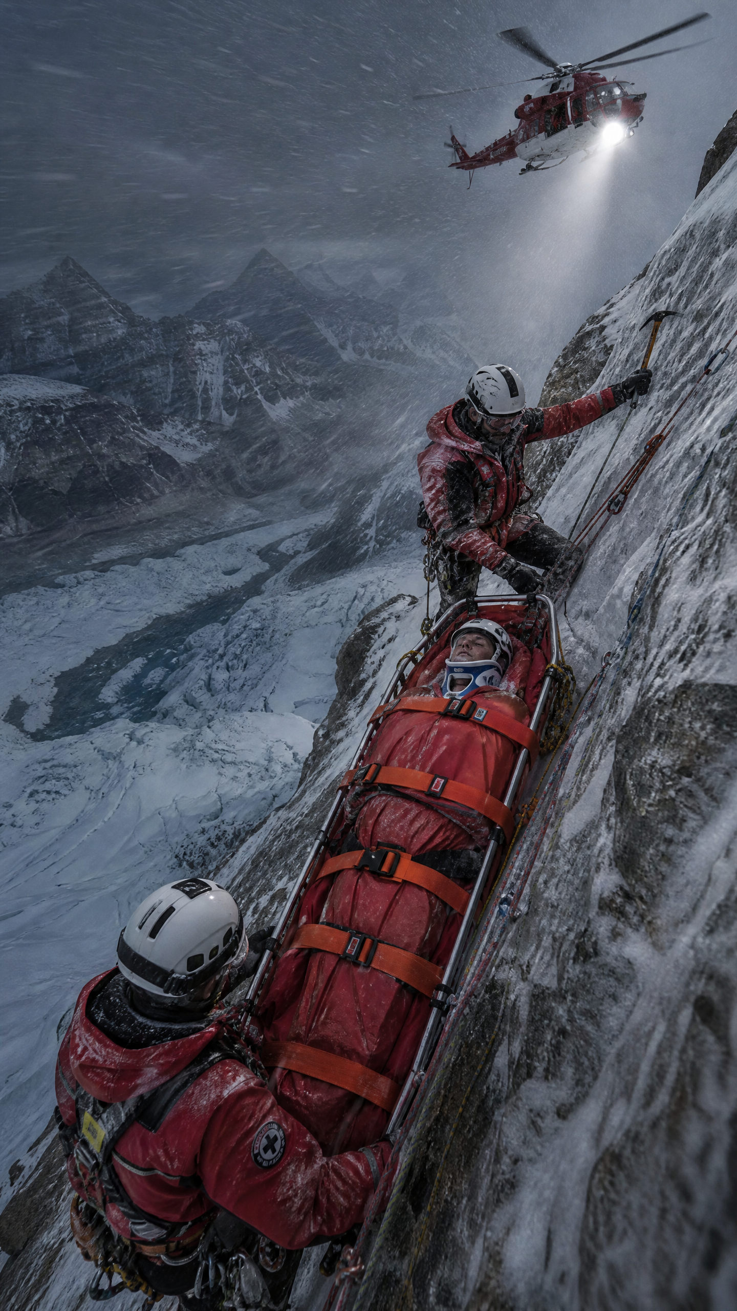 Mountain rescuers evacuate an injured climber from an icy cliff as a rescue helicopter hovers in a blowing snowstorm