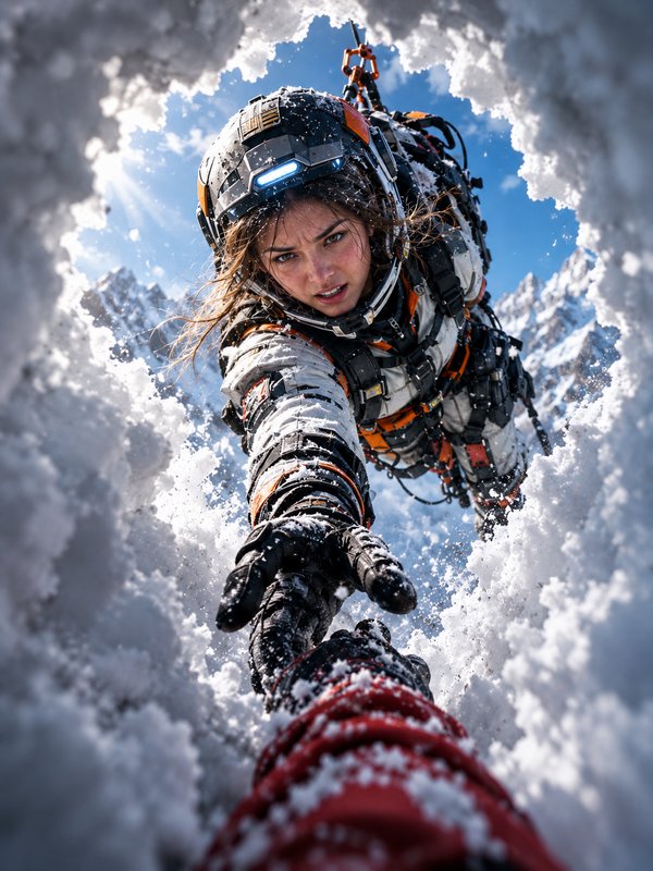 Female explorer in a high-tech suit reaches down through a snow hole to grasp an outstretched arm