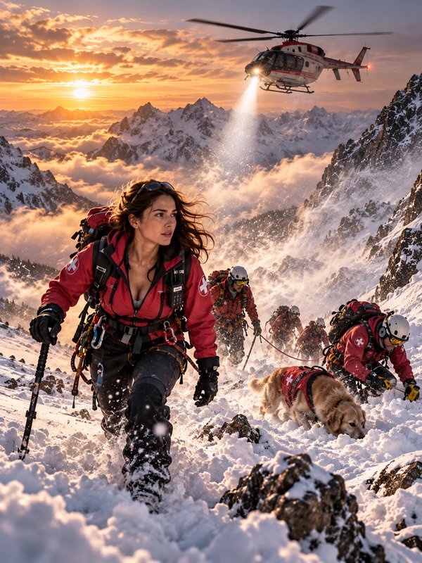Mountain rescue team with avalanche dog ascends snowy alpine slope as rescue helicopter hovers at golden sunset