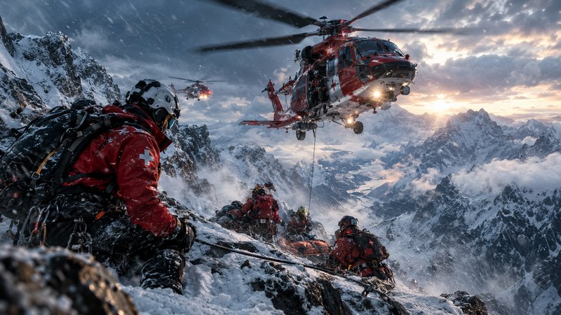 Mountain rescue crew on a snowy alpine ridge prepare for helicopter winch extraction during a snowy sunset