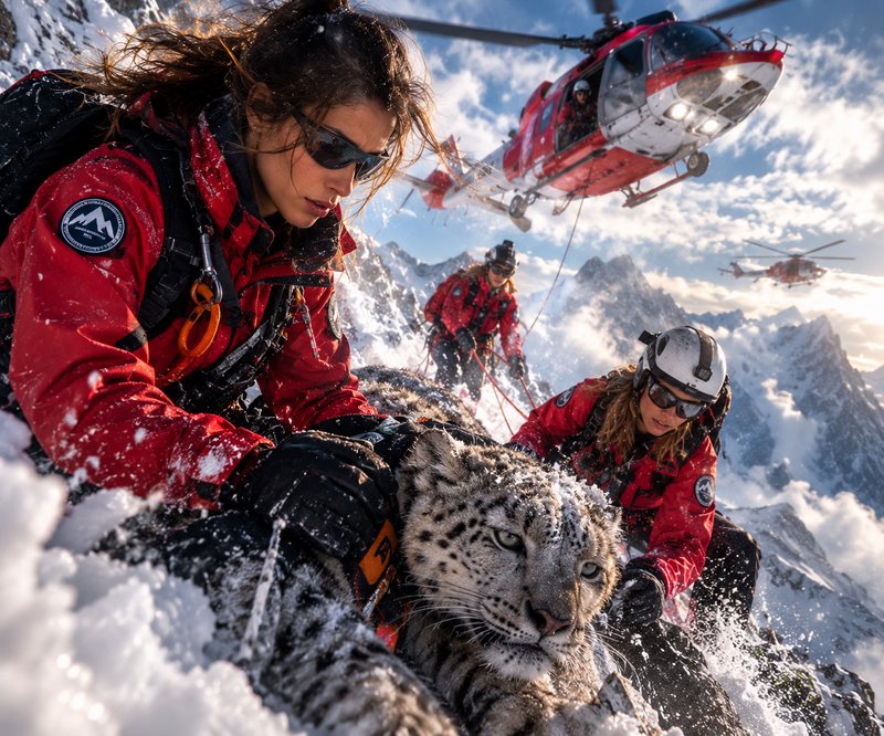 Mountain rescue team tending to an injured snow leopard on a snowy high alpine peak as rescue helicopters hover overhead