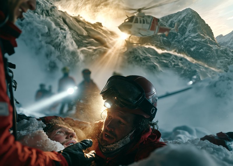 Mountain rescuers tend to an injured climber as a rescue helicopter hovers over snowy alpine slopes
