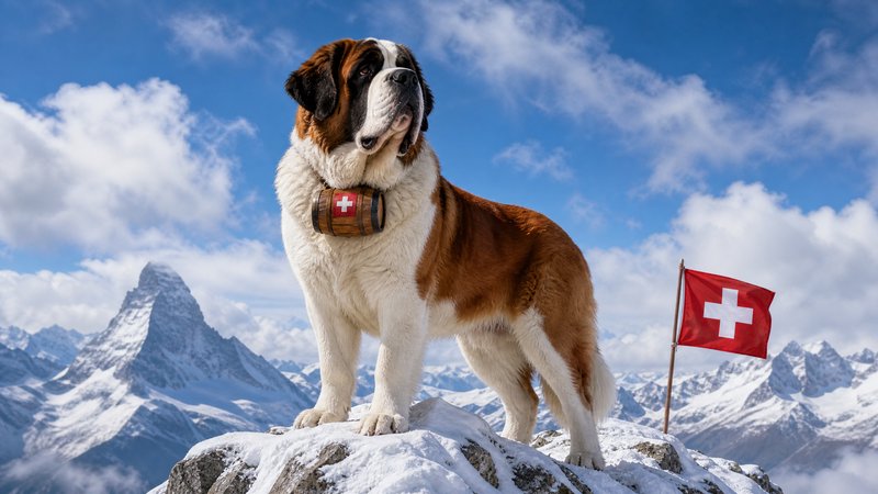St. Bernard rescue dog stands on snowy alpine peak next to a Swiss flag with the Matterhorn in th...