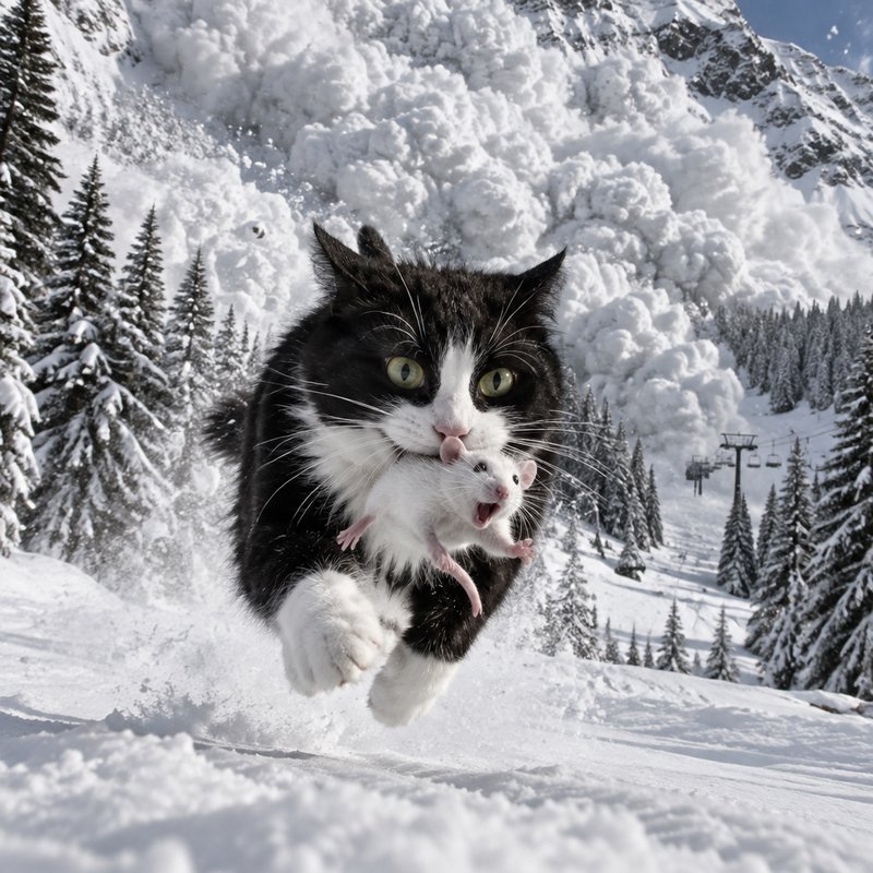 Tuxedo cat carrying a startled white mouse leaps to escape a fast approaching snowy mountain aval...
