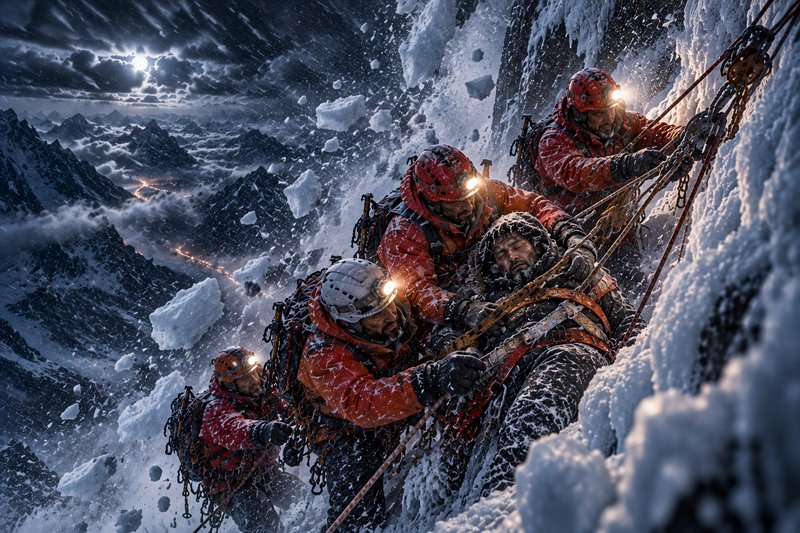 Mountain rescue team evacuates an injured climber from a sheer frozen cliff during a raging alpin...