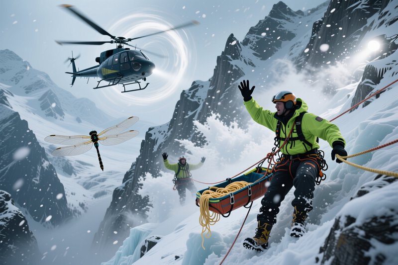 Mountain rescue climbers wave to a hovering rescue helicopter on a steep snowy alpine slope durin...