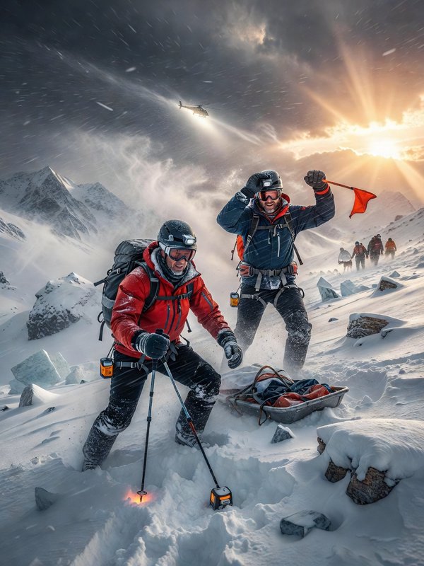 Two mountaineers navigate a snowy high mountain slope as a rescue helicopter flies overhead in fa...