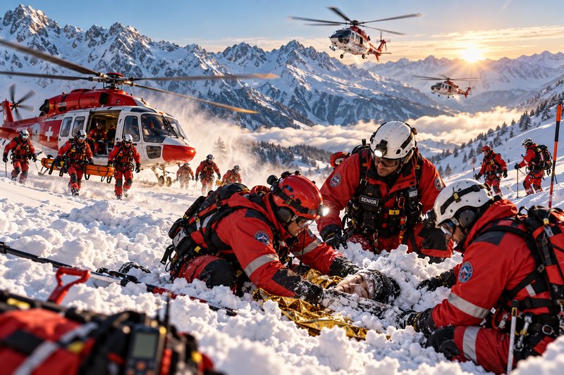 Mountain rescue team extracts an avalanche victim from deep snow beside rescue helicopters on a snowy alpine slope.