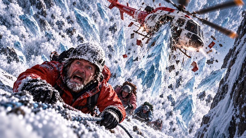 Terrified mountain climbers cling to a rope as a rescue helicopter crashes into an icy avalanche