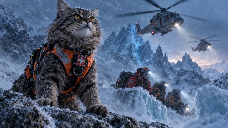 Fluffy tabby search and rescue cat in an orange first aid vest stands on a snowy alpine mountain ...
