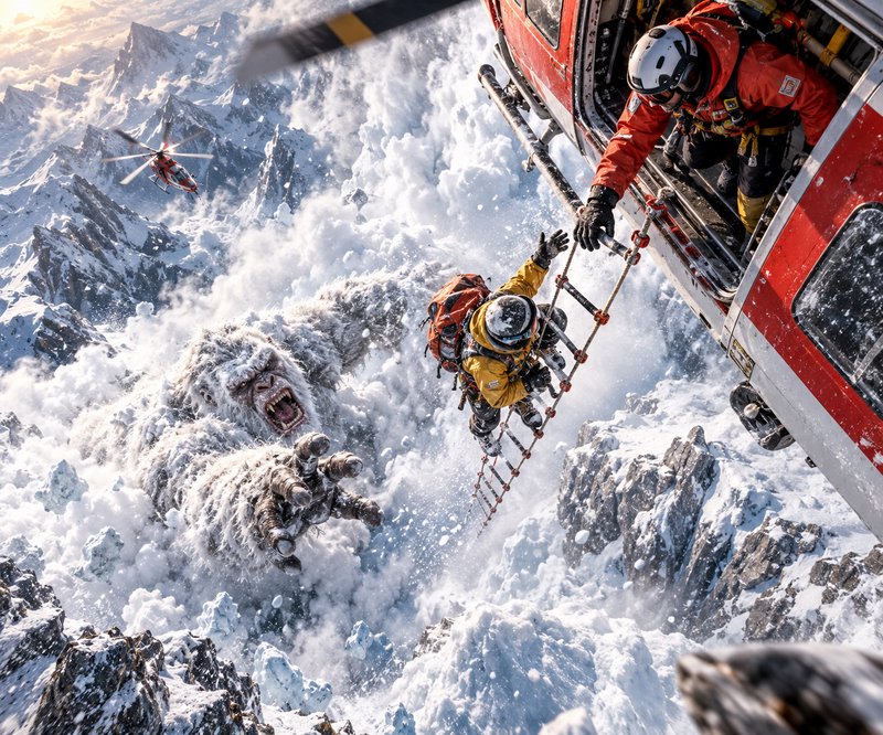 Snarling giant yeti lunges at a climber being rescued by helicopter above snowy mountain peaks