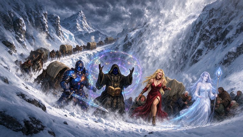 Fantasy adventurer party protects a fleeing refugee caravan crossing a stormy snowy mountain pass
