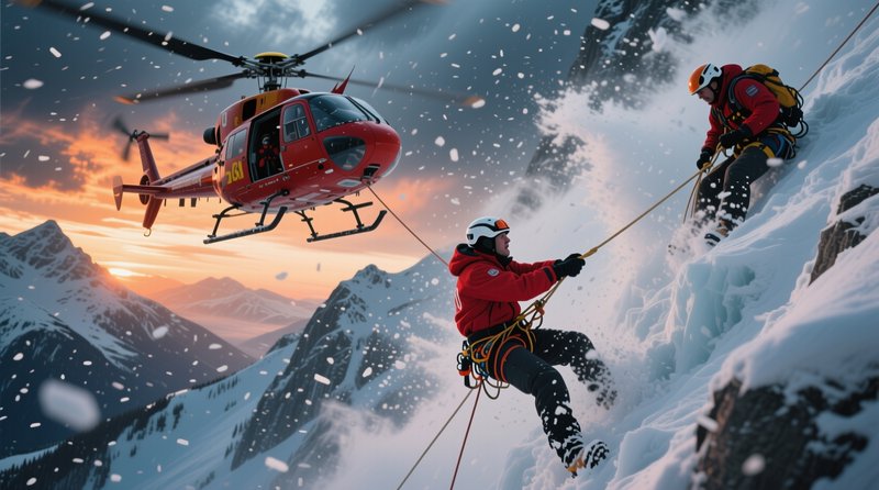 Red rescue helicopter hoists climbers from a snowy alpine cliff during a sunset snowstorm