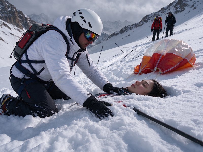 Mountain rescuer kneels beside a partially avalanche-buried woman on a snowy high alpine slope