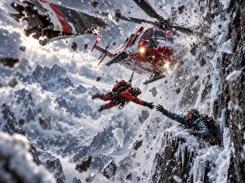 Rescue technician hanging from a rescue helicopter reaches for a stranded climber during an alpine avalanche on an icy cliff