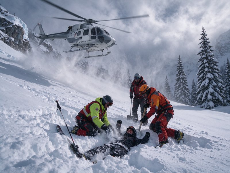 Mountain rescue team extracts a buried avalanche victim as a rescue helicopter hovers over a snow...